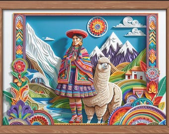 May include: A colorful paper art scene depicting a woman in traditional clothing standing next to an alpaca in a mountainous landscape. The scene is framed with intricate paper designs and includes a sun, clouds, and a small house.