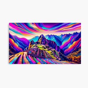 May include: A colorful, abstract painting of a mountain range with a city built into the side of the mountain. The sky is a vibrant mix of pink, blue, and yellow.