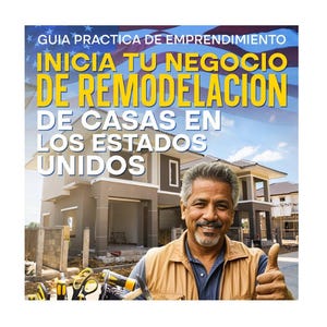 以下が含まれることがあります： アメリカで住宅のリノベーション事業を始めるためのガイド。表紙には、建設中の家の前で親指を立てている男性が写っています。テキストには「GUIA PRACTICA DE EMPRENDIMIENTO INICIA TU NEGOCIO DE REMODELACION DE CASAS EN LOS ESTADOS UNIDOS」と書いてあります。