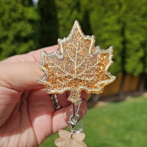 Maple leaf badge reel. Fall badge reels. Retractable ID holder. Leaf badges.
