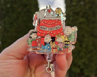 Peanuts and Snoopy christmas badge reel. Retractable ID holder.