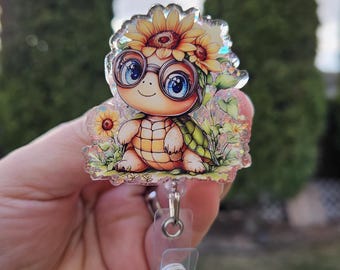 Sunflower turtle badge reel. Matching bead charm.