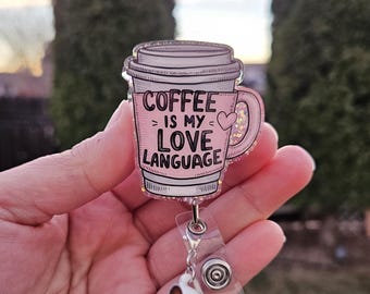 Coffee badge reel. Holographic glitter background. Matching charm.