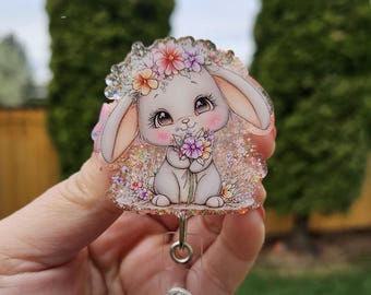 Bunny badge reel. Matching bead charm. Multiple stlye options.