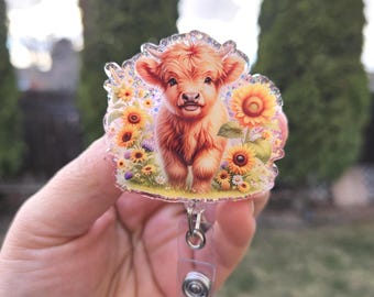 Highlander Cow Badge Reel. Cow badges. Multiple styles. Matching bead charm.