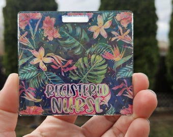 Customizable acrylic badge buddy. Tropical Hawaii floral badge topper. Horizontal and vertical sizes.