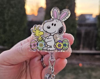 Snoopy Easter badge reel. Matching bead charm.