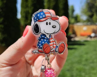 Patriotic Snoopy badge reel. ID holder. Matching bead charm.