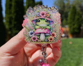 Floral frog badge reel. Holographic glitter. Bead charm.