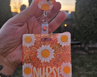 Customizable Sunflower badge buddy. Glitter background. Rhinestone bee charm. Vertical or horizontal sizes.