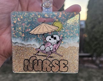 Snoopy beach day badge buddy. Customizable title. Horizontal and vertical size options.