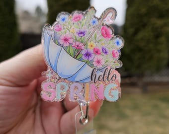 Hello Spring badge reel. Retractable. Matching bead charm.