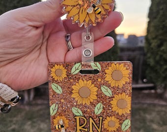 Sunflower badge buddy. Customizable title. Vertical or horizontal size options.