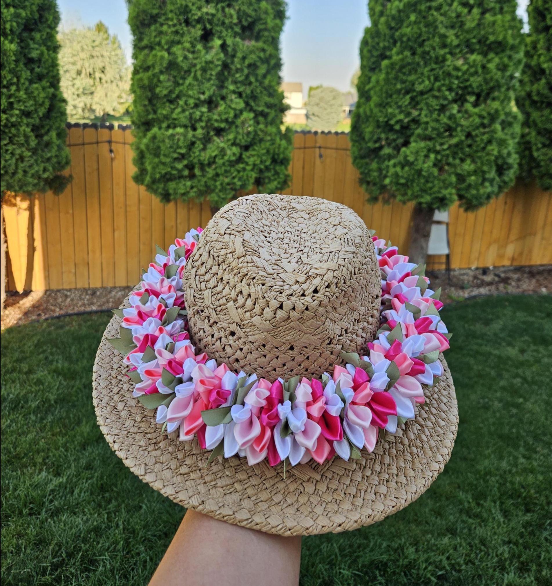 Adjustable Silk Flower Hat Lei, Hawaiian Ribbon Floral Accessory for Beach Hats