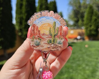 Don't be a prick badge reel. Cactus plant. Holographic glitter. Matching bead charm.
