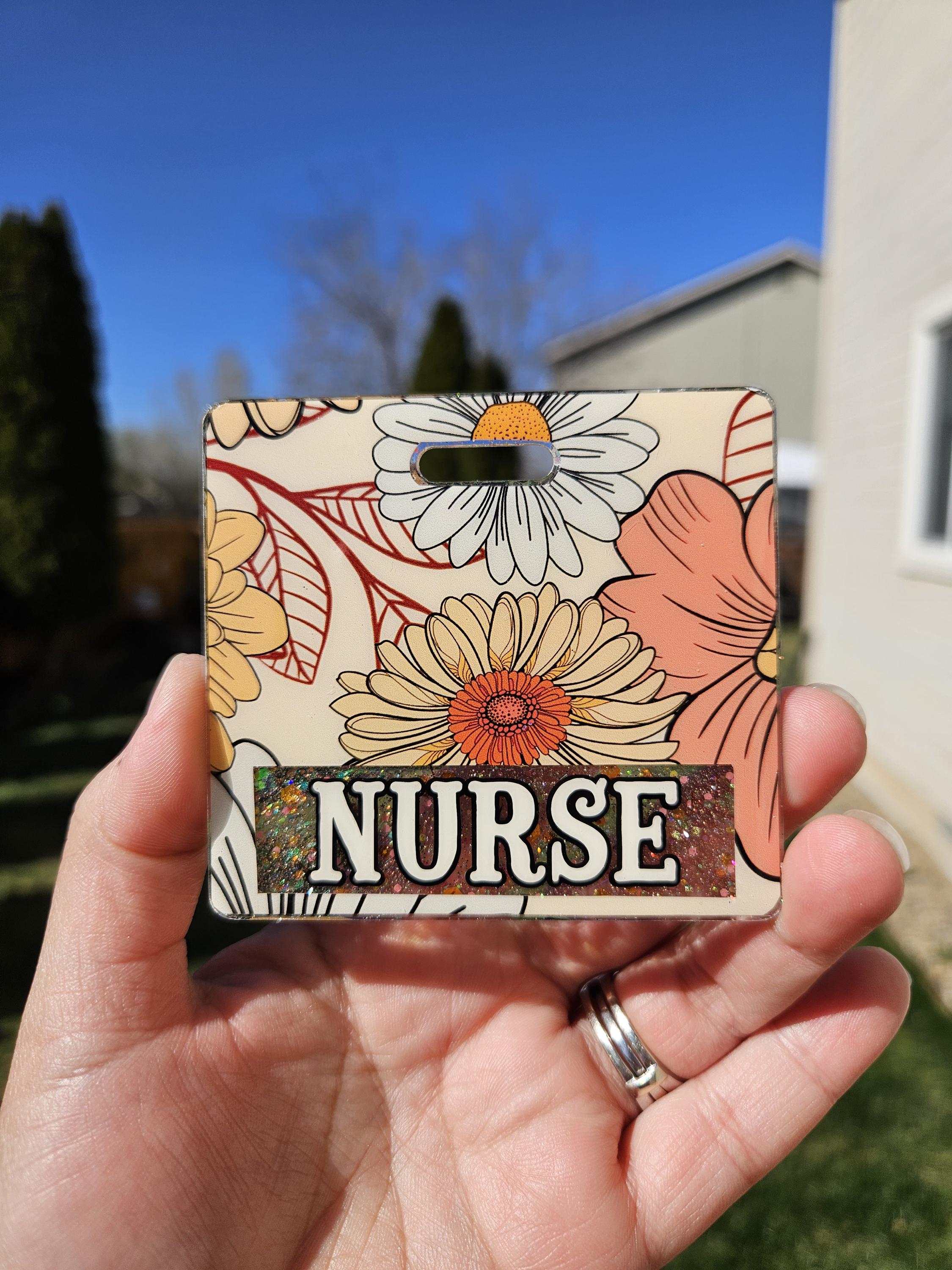 Floral badge buddy. Customizable, lightweight acrylic. Horizontal and vertical styles. Multiple styles.
