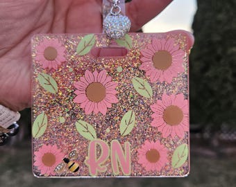 Glitter sunflower badge buddy. Customizable title. Vertical or horizontal size options. Multiple color options.