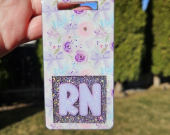 Purple floral badge buddy. Customizable title. Horizontal and vertical sizes.