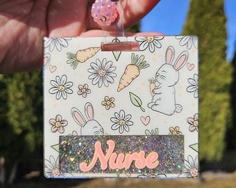 Easter bunny badge buddy. Horizontal or vertical size options. Customizable title.