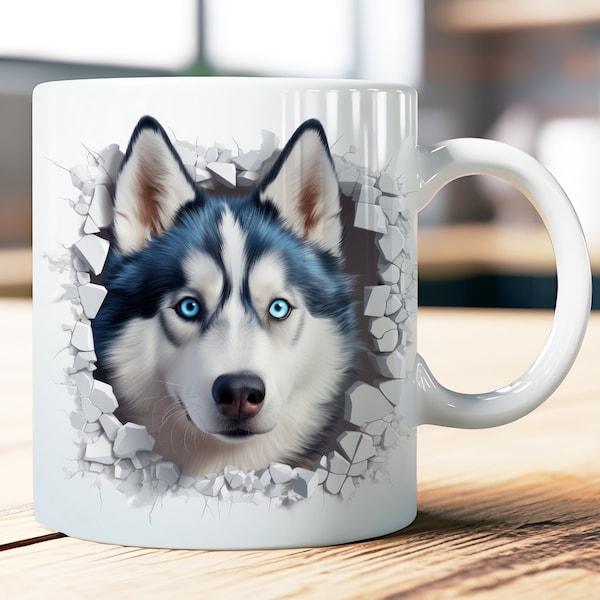 Siberian Husky Becherverpackung 11 Unzen, 15 Unzen Kaffeetasse PNG Sublimationsdesign, 3D Loch in der Wand Hundebecherverpackung, sofortiger digitaler Download