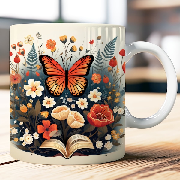 Butterfly Books Mug Wrap 11oz, 15oz Coffee Mug PNG Sublimation Design, Books Lover Mug, Instant Digital Download