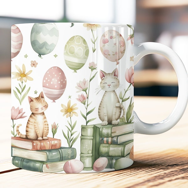 Easter Cat Mug Wrap Template, Mug Sublimation, PNG Digital Download, Cute Kitten Mug Design, Spring Floral Coffee Cup Decor