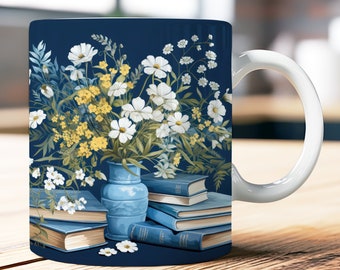 Books and Flowers Vase Mug Wrap 11oz, 15oz Coffee Mug PNG Sublimation Design, Books Lover Mug, Instant Digital Download