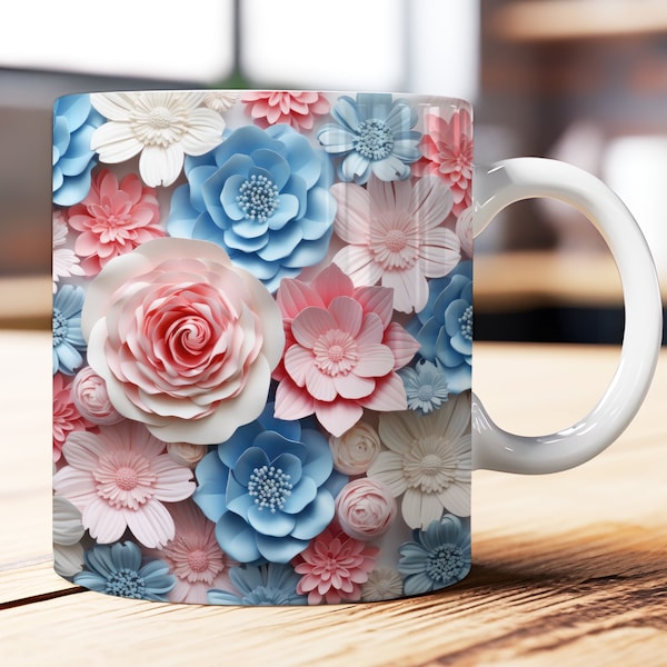 3D Light Pink Blue Flowers Mug Wrap, 11oz & 15oz Mug Template, Mug Sublimation Design, Coffee Mug Wrap, PNG Instant Digital Download