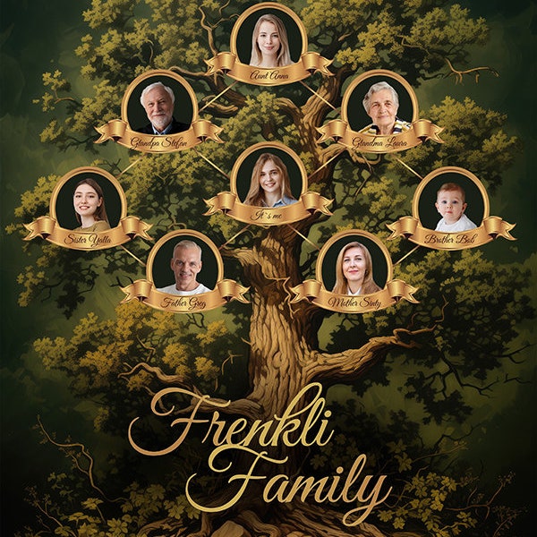 Portrait family tree, the best custom gift for a wedding or birthday, add a photo archive of deceased relatives, a picturesque photo album.