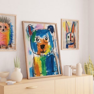 set of 3 paintings, Doodle drawing of a small child. rough children&#39;s drawing of a small bear and hare on plain white paper, triptych