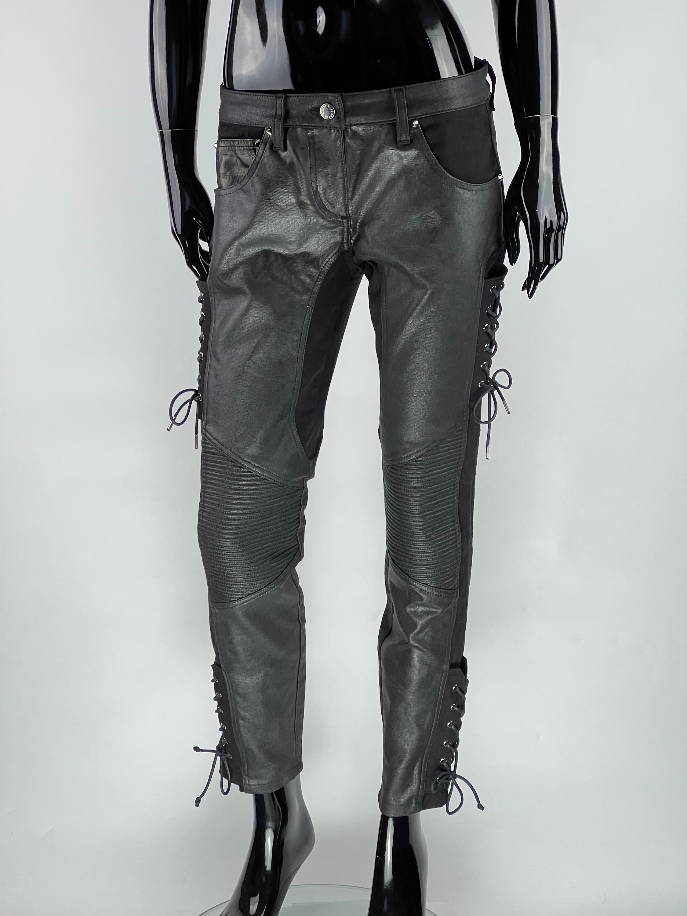 Roberto Cavalli レザーパンツ Roberto Cavalli Lace up Leather Pockets Croco Print Waxed Pants