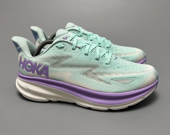 Hoka One One Clifton 9 Wide Running Shoes Walking Gym 1127896 1132211 SOLM ‘Sunlit Ocean / Lilac Mist’