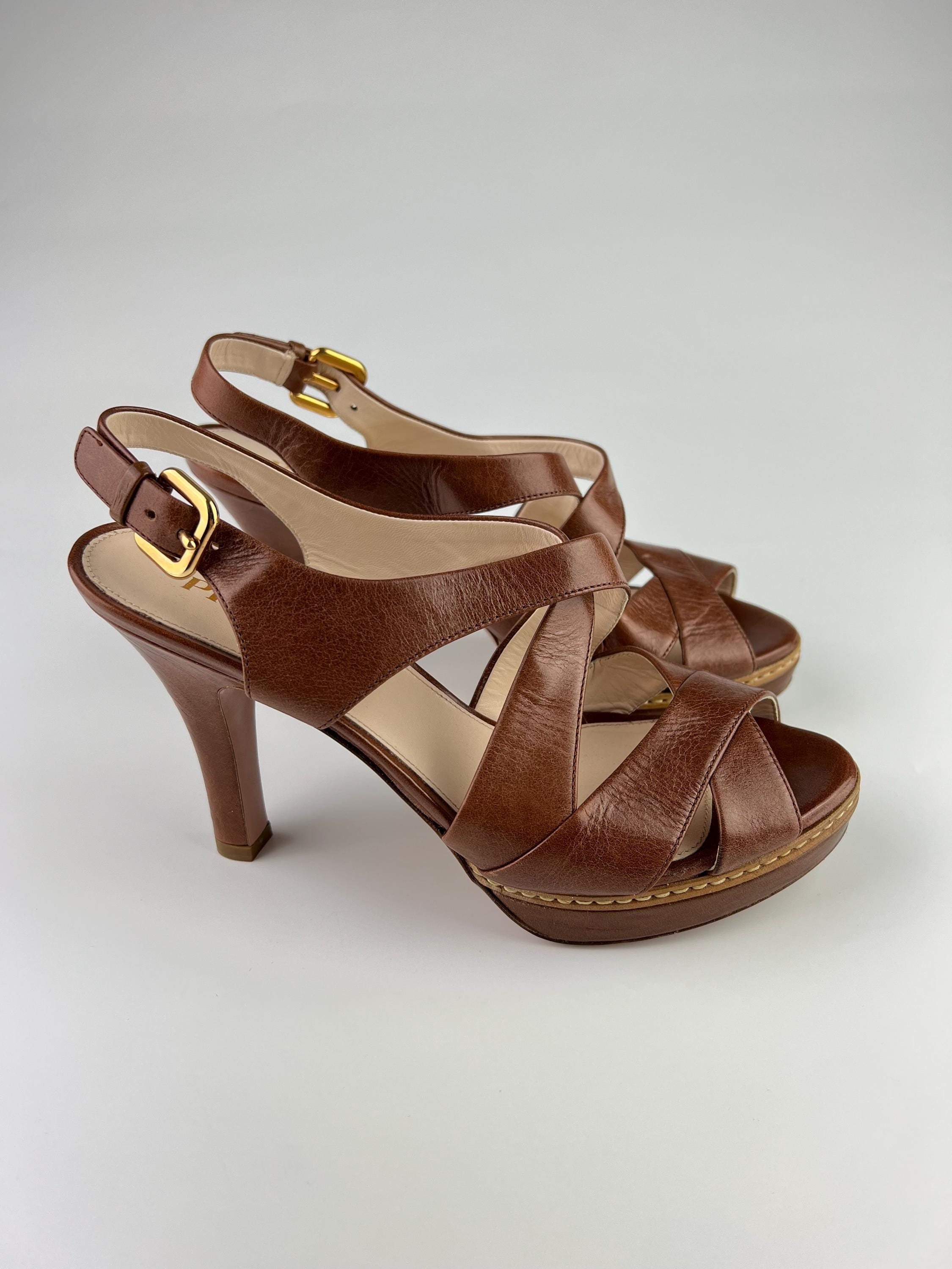 Prada Brown Leather Strap Heel Sandals Size 38 - Etsy