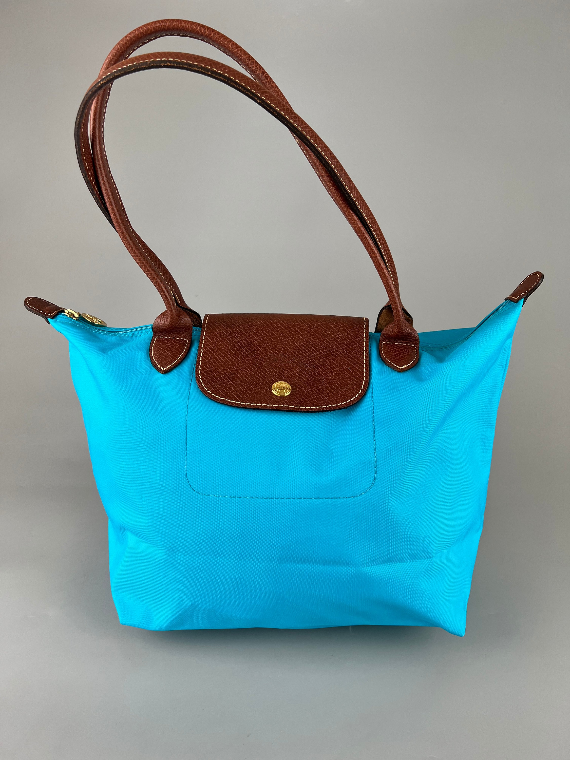 Longchamp Le Pliage Folding Shoulder Bag Light Blue Longchamp Light Blue/Brown Nylon Small Short Le Pliage Tote  main image 2