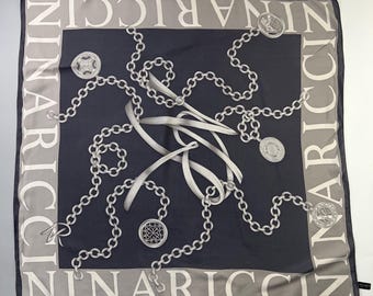 Foulard Vintage NINA RICCI En Soie 100% - 77x77 Cm - Modèle Occasion Rouge Bleu Blanc