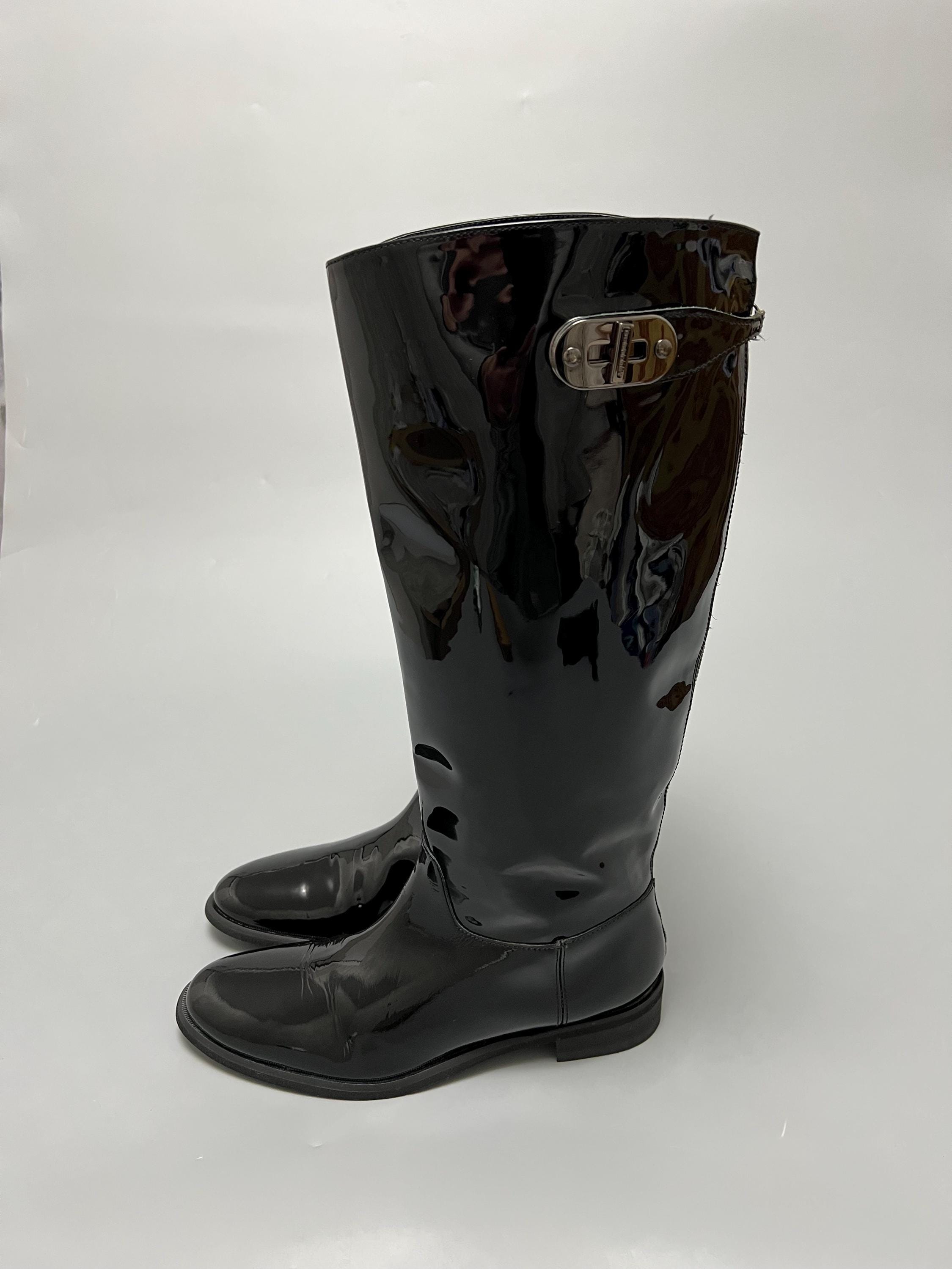 Burberry Shiny Patent Leather Black Boots Flat Knee Length Size EU