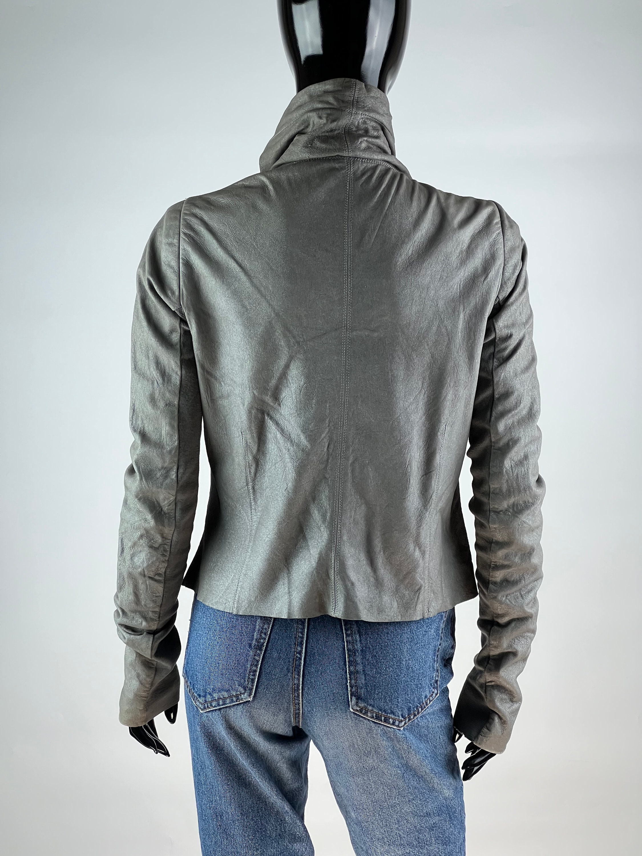 Rick Owens ラムレザー ハイネック ライダースジャケット 40 グレー Rick Owens ラムレザー ハイネック ライダースジャケット 40