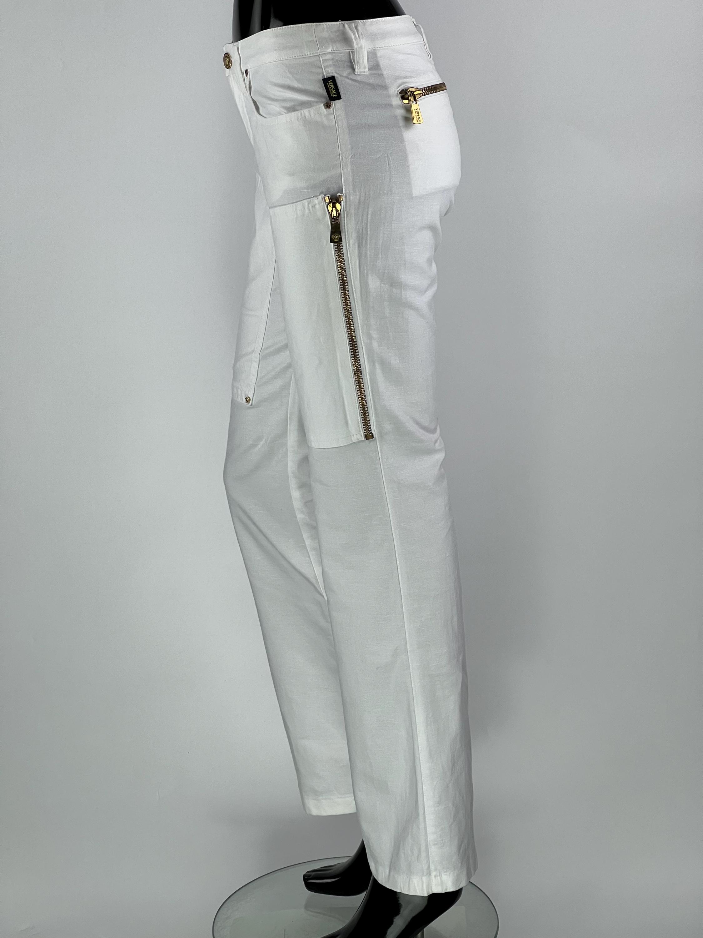 Versace Jeans Couture Women's White Cotton Linen Zipped Pants Size