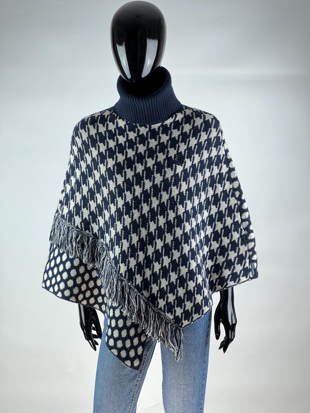 Armani Jeans Wool Fringe Turtleneck Poncho Cape Size M Oversized