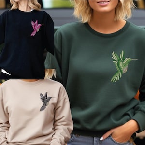 Embroidered Hummingbird Sweatshirt and Hoodie, Custom Embroidery Bird Sweater, Hummingbird Sweatshirt, Blue Bird Hoodie, Gift for Mom