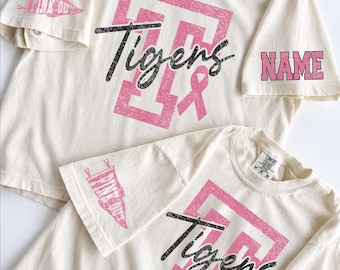 Custom Pink Out Mascot Shirt, Pink Out Breast Cancer Awareness Football Tee, Custom Team Name Number Boxy Tee, Comfort Colors Shirt