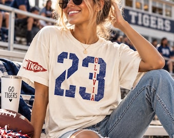 Custom Spirit Shirt, Personalized Team Tee, Custom Initial Shirt with Number & Sleeve Print, Game Day Shirt, DTF Printed Comfort Colors Tee