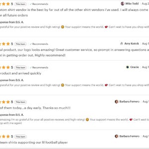 a collection of customer reviews for a custom shirt vendor, highlighting their positive experiences and satisfaction with the products and services provided.