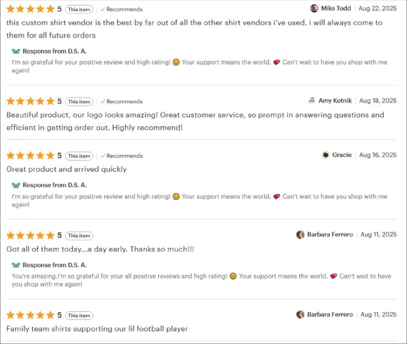 a collection of customer reviews for a custom shirt vendor, highlighting their positive experiences and satisfaction with the products and services provided.