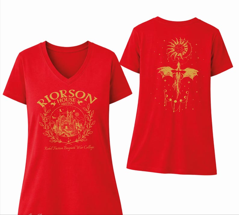 a red T-shirt with a gold design on the front and back.