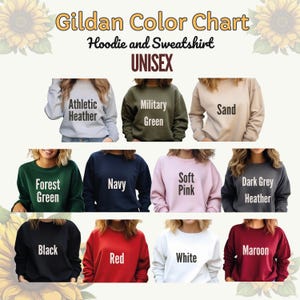 The image is a color chart that displays various colored hoodies and sweatshirts, including green, black, red, white, navy, forest green, soft pink, maroon, and sand.