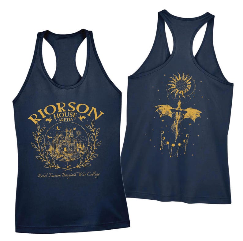 two navy blue tank tops with gold designs. The tank top on the left has a castle and sun design, while the tank top on the right has a dragon and sun design.