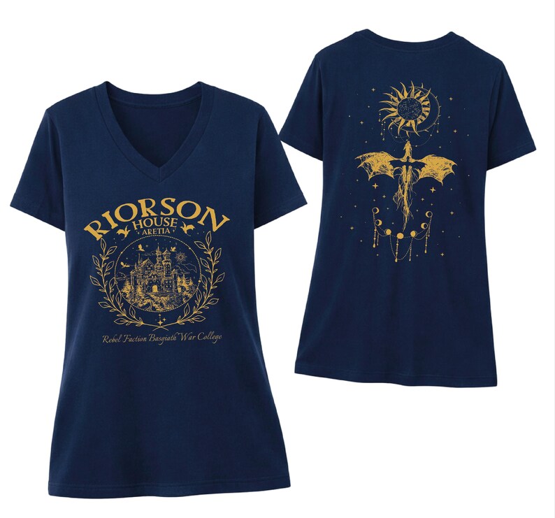 a navy blue t-shirt with a gold design on the front and back. The front design includes a castle and a dragon, while the back design features a sun and a moon. The text on the t-shirt reads "Rierson House Art College" and " Rebel Faction Bascatiqu War College".