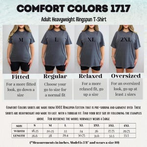 The image is a collage of four images showing different sizes of adult heavyweight ringspun t-shirts. The images depict a woman wearing each size, and the text provides information about the sizes and the comfort colors of the t-shirts.