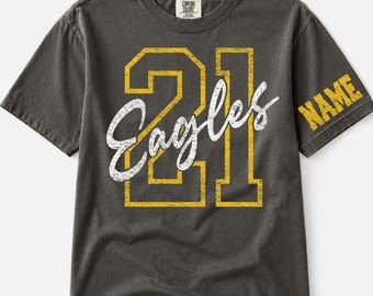 Custom Spirit Shirt, Personalized Team Tee, Custom Initial Shirt with Number & Sleeve Print, Game Day Shirt, DTF Printed Comfort Colors Tee